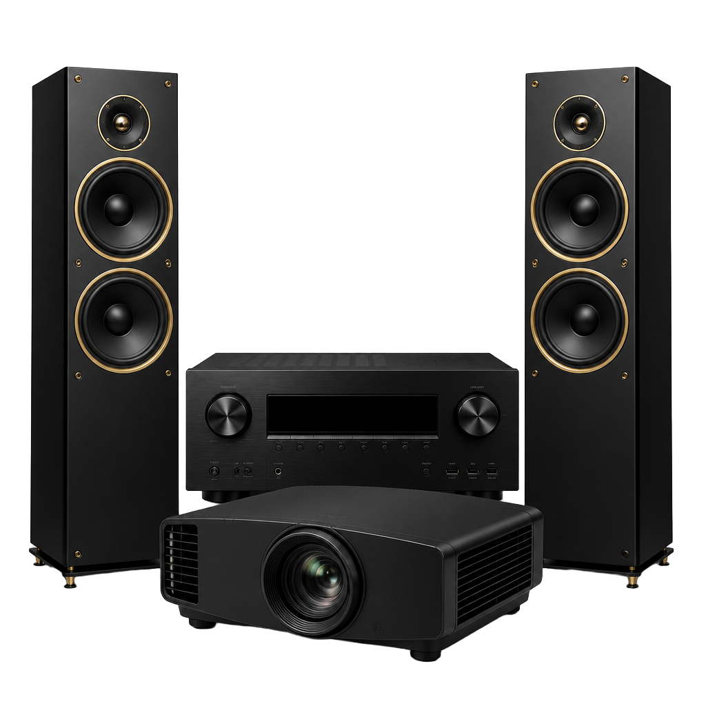 Home theatre receiver, projector and surround speakers