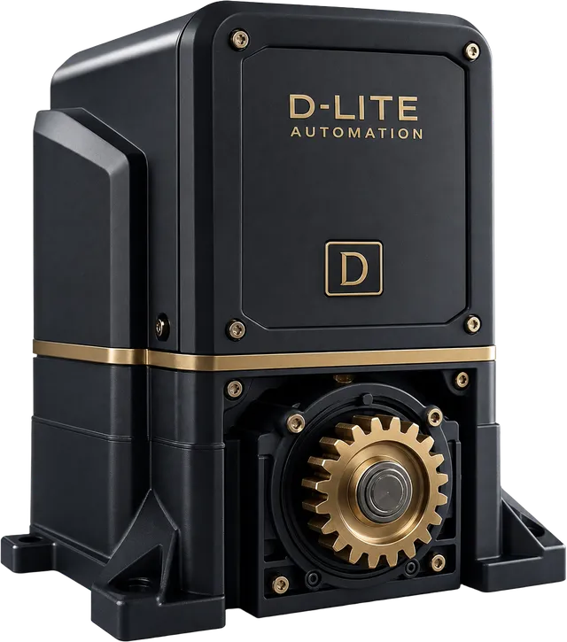 D-Lite Automation branded sliding gate motor with exposed drive gear